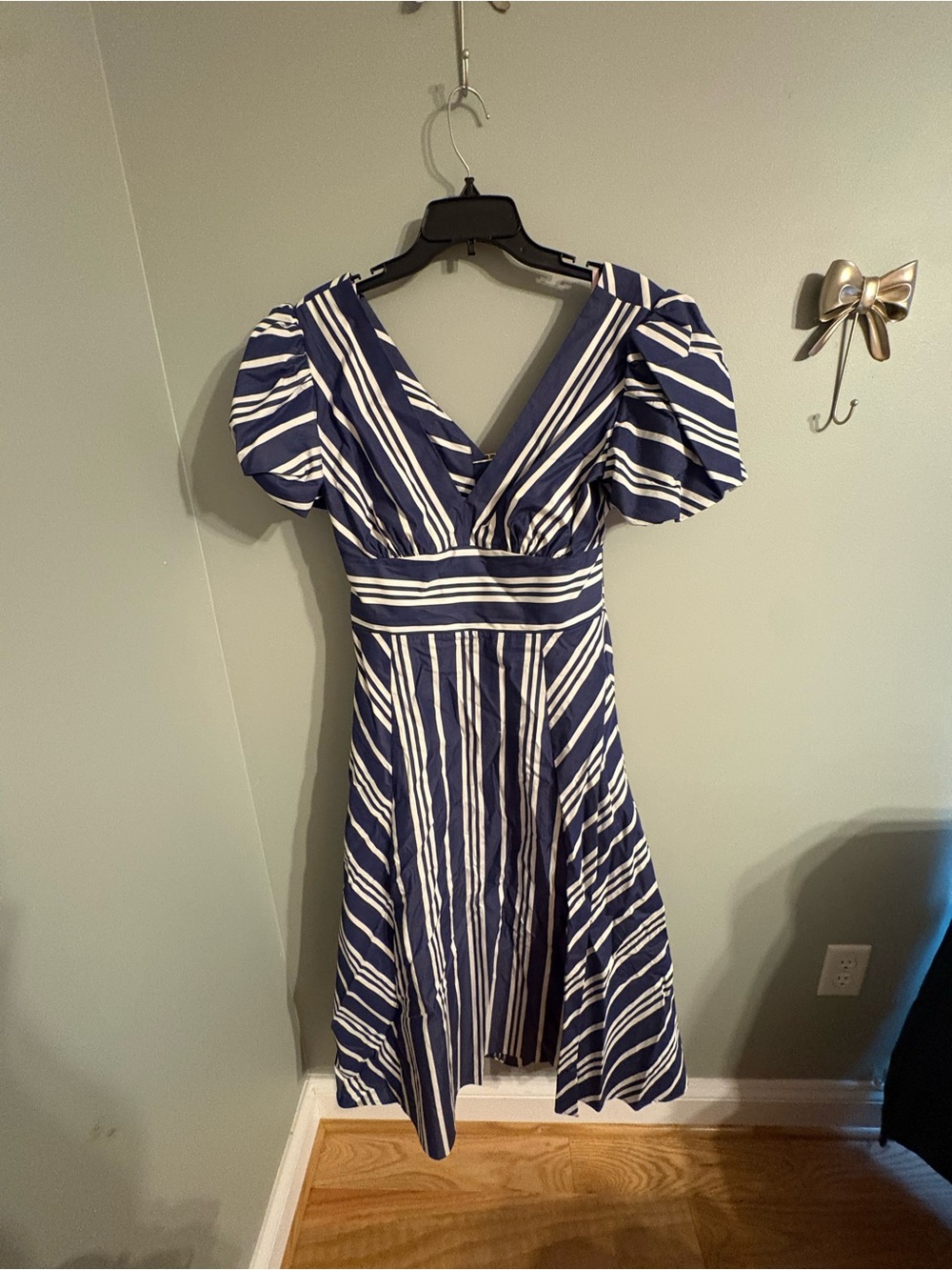 kate spade Cafe Navy and White Striped Puff-Sleeve Midi Dress